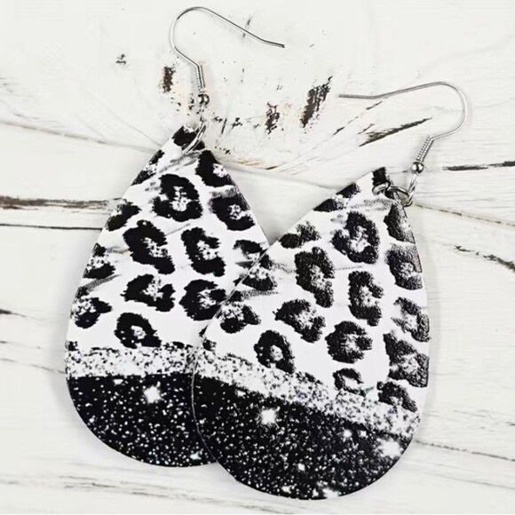 NEW Cow Print Faux Leather Black & White Drop Hook Earrings (2) - Picture 2 of 8